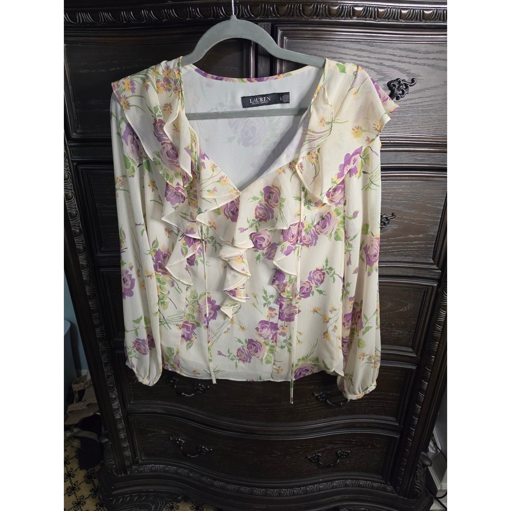 Lauren Ralph Lauren Floral Ruffle Blouse Cream Purple Yellow Rose Top Large